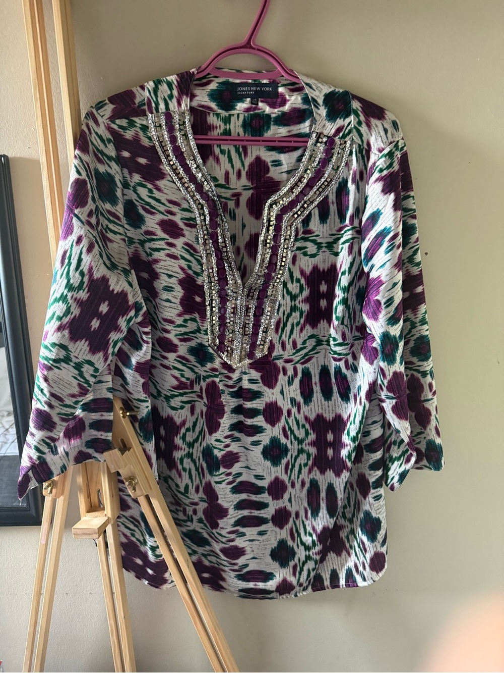 Jones New York Beaded V-Neck Tunic in Purple and Green Ikat
